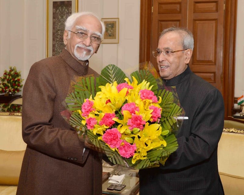 The Vice President, Shri M. Hamid Ansari greeting the President, Shri Pranab Mukherjee, ..