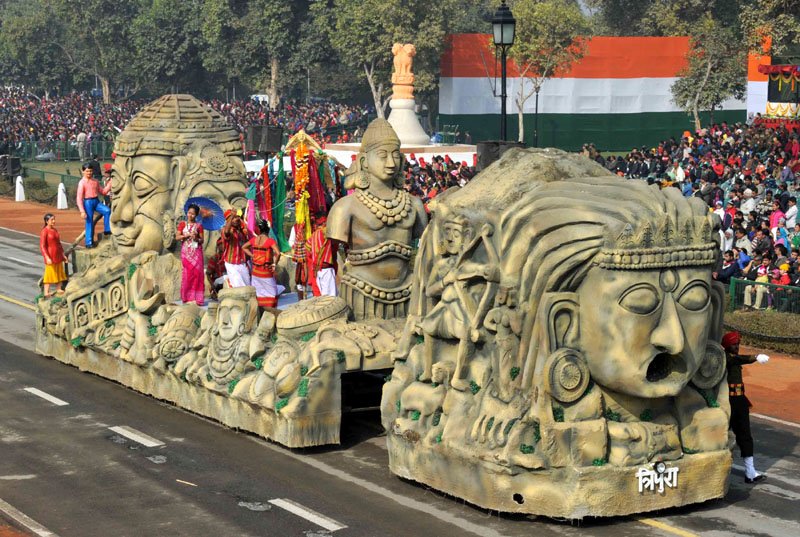 The tableau of Tripura passes through the Rajpath during the full dress rehearsal for..