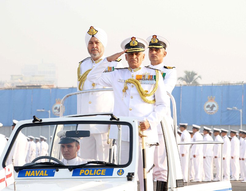 The Vice Admiral, Sunil Lanba inspection of personnel on parade, in Mumbai