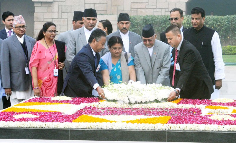 The Prime Minister of Nepal, Shri K.P. Sharma Oli laying wreath at the Samadhi of ..