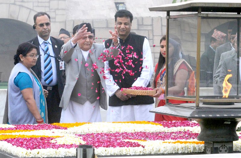 The Prime Minister of Nepal, Shri K.P. Sharma Oli paying floral tributes at the ..