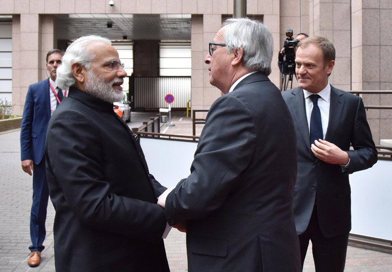 The Prime Minister, Shri Narendra Modi with the President European Council, Mr. Donald Tusk..