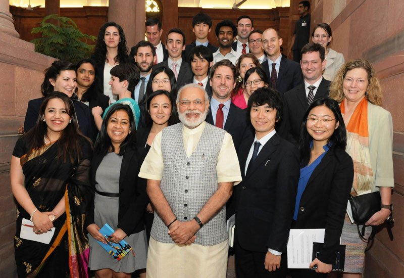 The Prime Minister, Shri Narendra Modi in a group photograph with the group of students of …