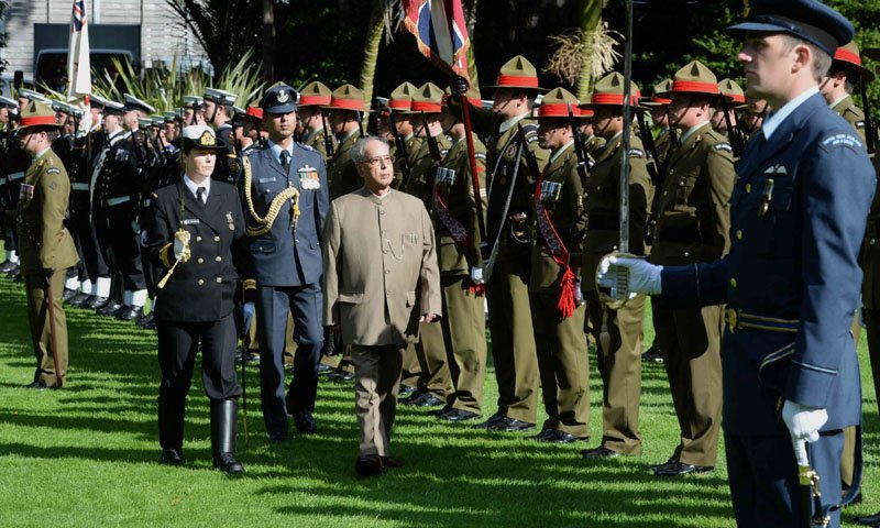 The President, Shri Pranab Mukherjee inspecting the Guard of Honour at the Ceremonial Reception, ..