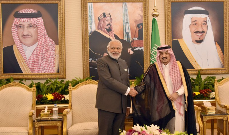 The Prime Minister, Shri Narendra Modi being received by the Governor of Riyadh, ..