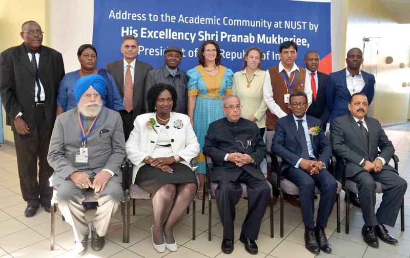 The President, Shri Pranab Mukherjee in a group photograph at the Namibia University ..