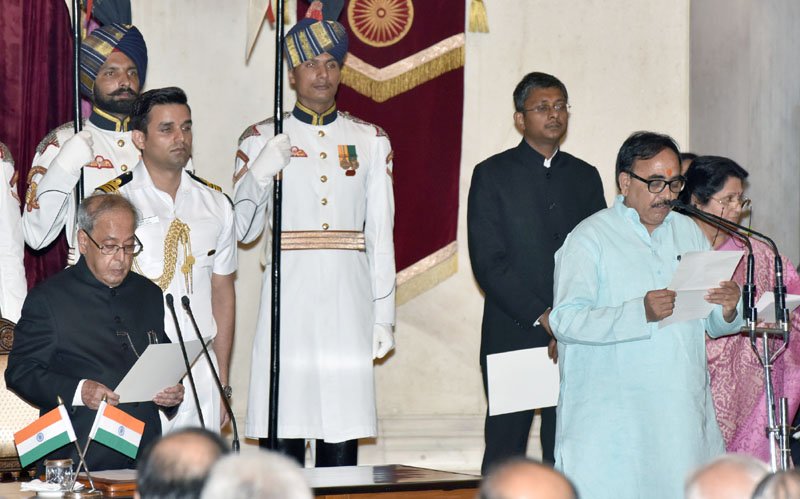 The President, Shri Pranab Mukherjee administering the oath as Minister of State to Dr. Mahendra Nath Pandey, at a Swearing-in Ceremony, at Rashtrapati Bhavan, in New Delhi