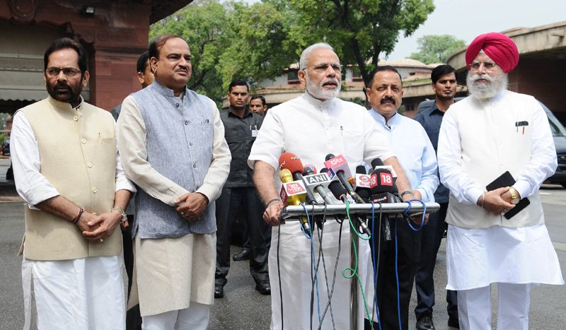 The Prime Minister, Shri Narendra Modi interacting with the media at the start of Monsoon Session of Parliament, in New Delhi