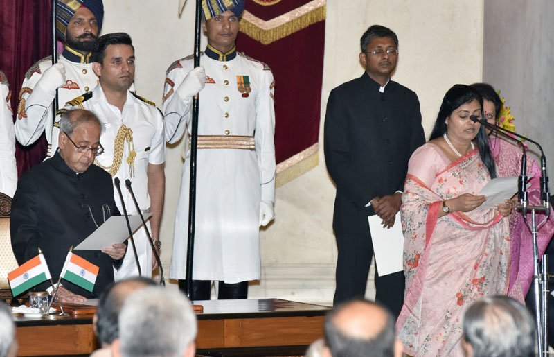 The President, Shri Pranab Mukherjee administering the oath as Minister of State to Smt. Anupriya Patel, at a Swearing-in Ceremony, at Rashtrapati Bhavan, in New Delhi