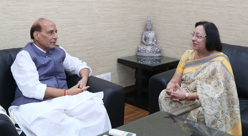 The Governor of Manipur, Dr. Najma A. Heptulla calling on the Union Home Minister, Shri Rajnath Singh, in New Delhi