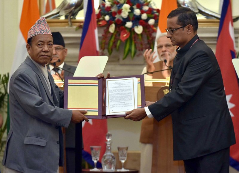 The Prime Minister, Shri Narendra Modi and the Prime Minister of Nepal, Mr. Pushpa..