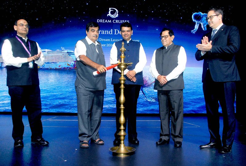 Nitin Gadkari lighting the lamp at the Dream Cruises Genting Launch Ceremony, in Mumbai
