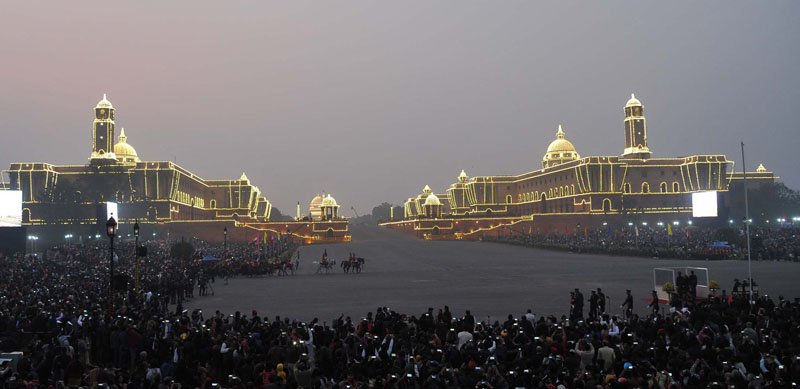 A view of the illuminated Rashtrapati Bhavan, South and North Block,..