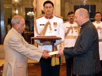 The High Commissioner-Designate of the Republic of Seychelles, Mr. Philippe Le Gall presenting his credentials to the President, Shri Pranab Mukherjee, at Rashtrapati Bhavan, in New Delhi