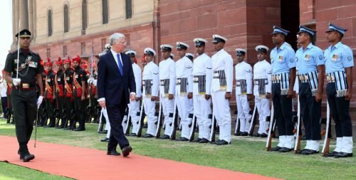 The UK Secretary of State for Defence, Sir Michael Fallon reviewing the Tri-Services ..